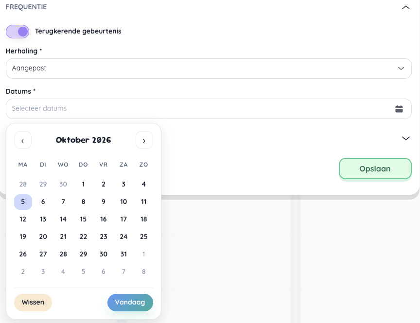 Frequentie instellen met vrij datum selectie